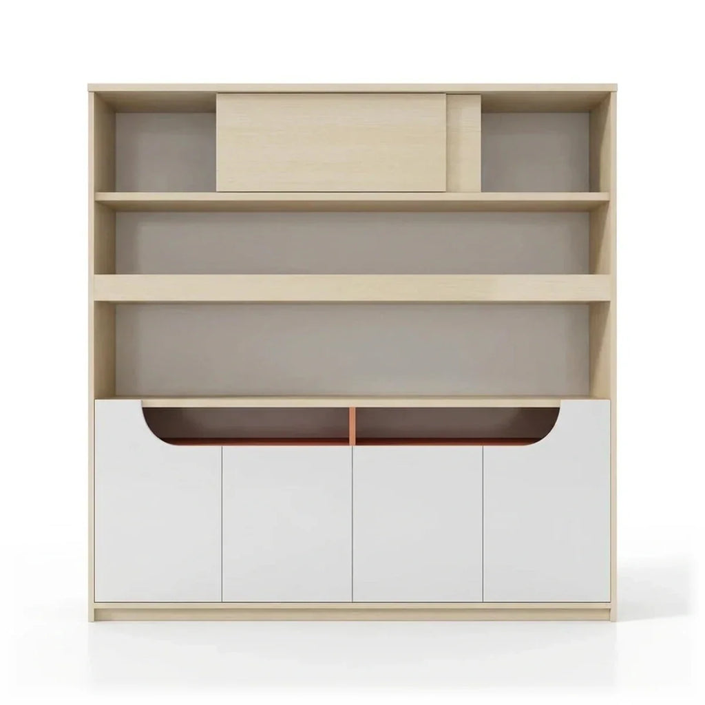 Beige office storage cabinet with open shelves, lower doors, and dark orange trim