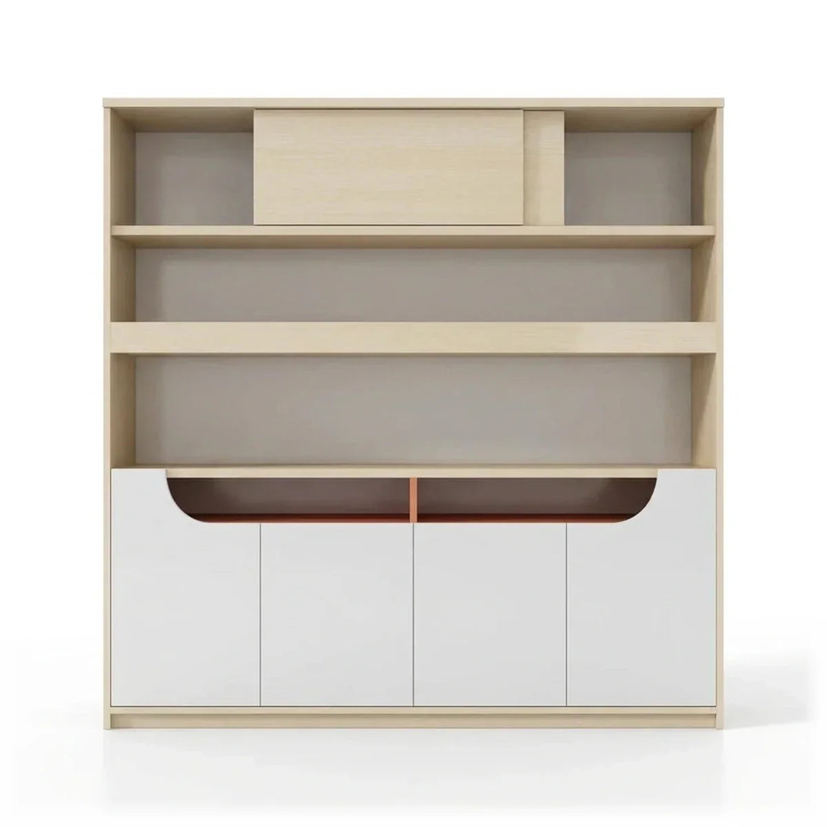 Beige office storage cabinet with open shelves, lower doors, and dark orange trim