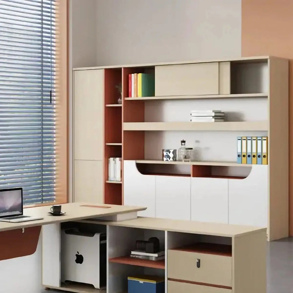 Beige desk cabinet unit with open shelves, lower storage doors, and orange interior accents