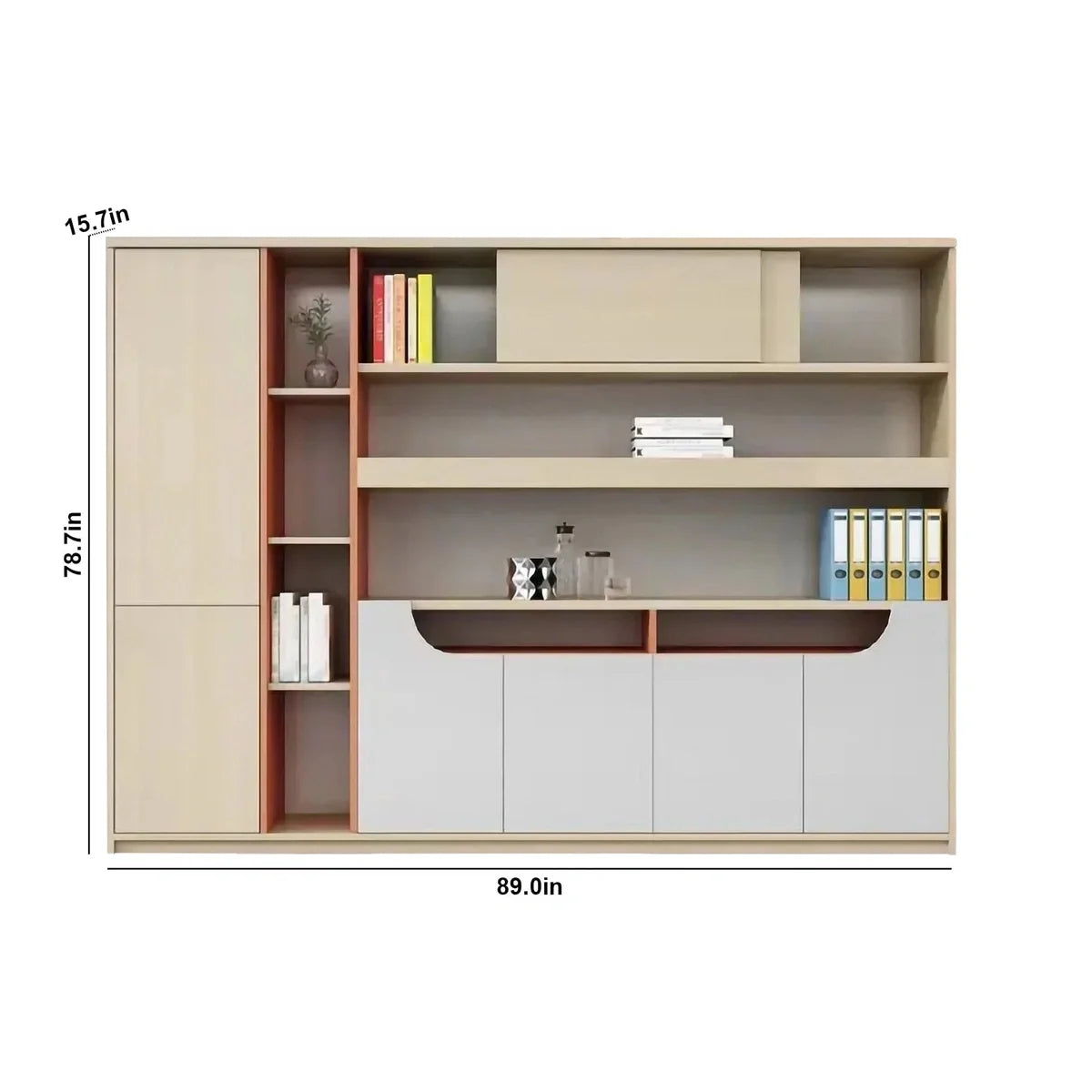 Beige office storage cabinet, 89.0 in wide, with open shelves and dark orange shelf