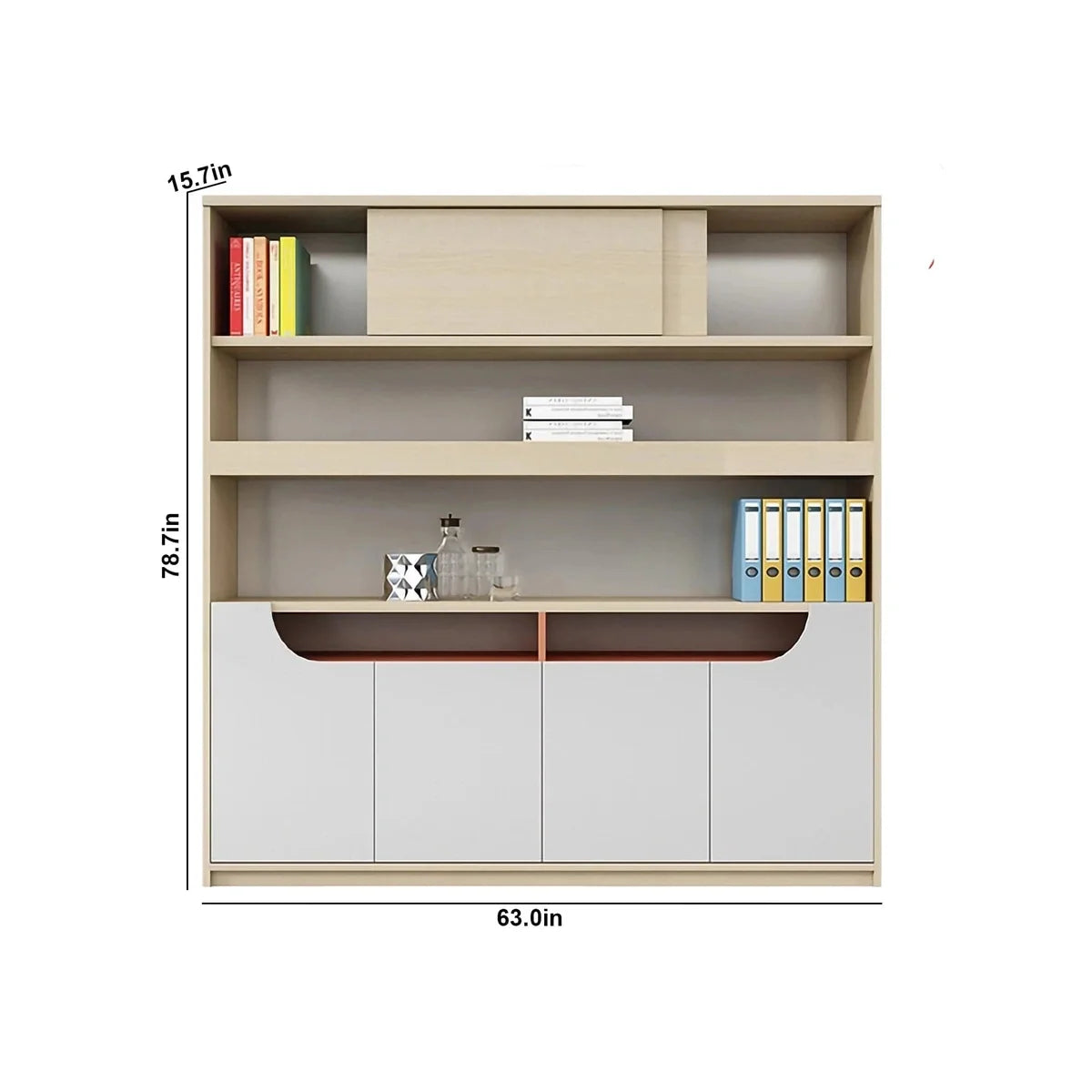 Beige storage cabinet with open shelves, 63.0 in wide, and dark orange shelf detail