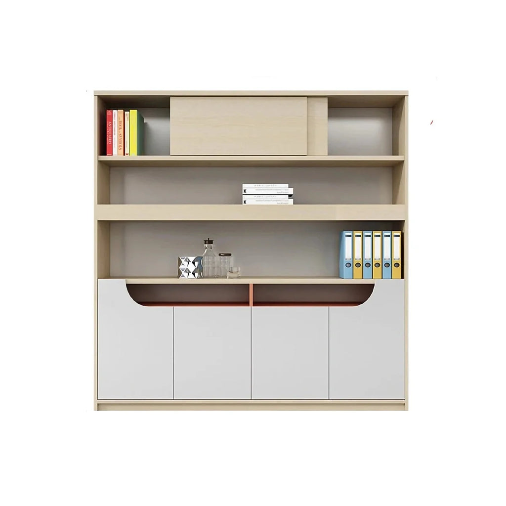 Beige office shelves and storage cabinet with open cubbies, lower doors, and dark orange underside