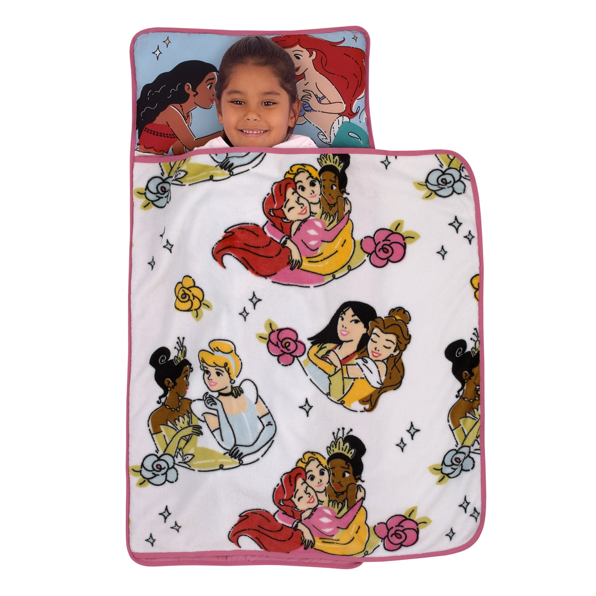 Toddler nap mat with pink trim and colorful princess character collage on white