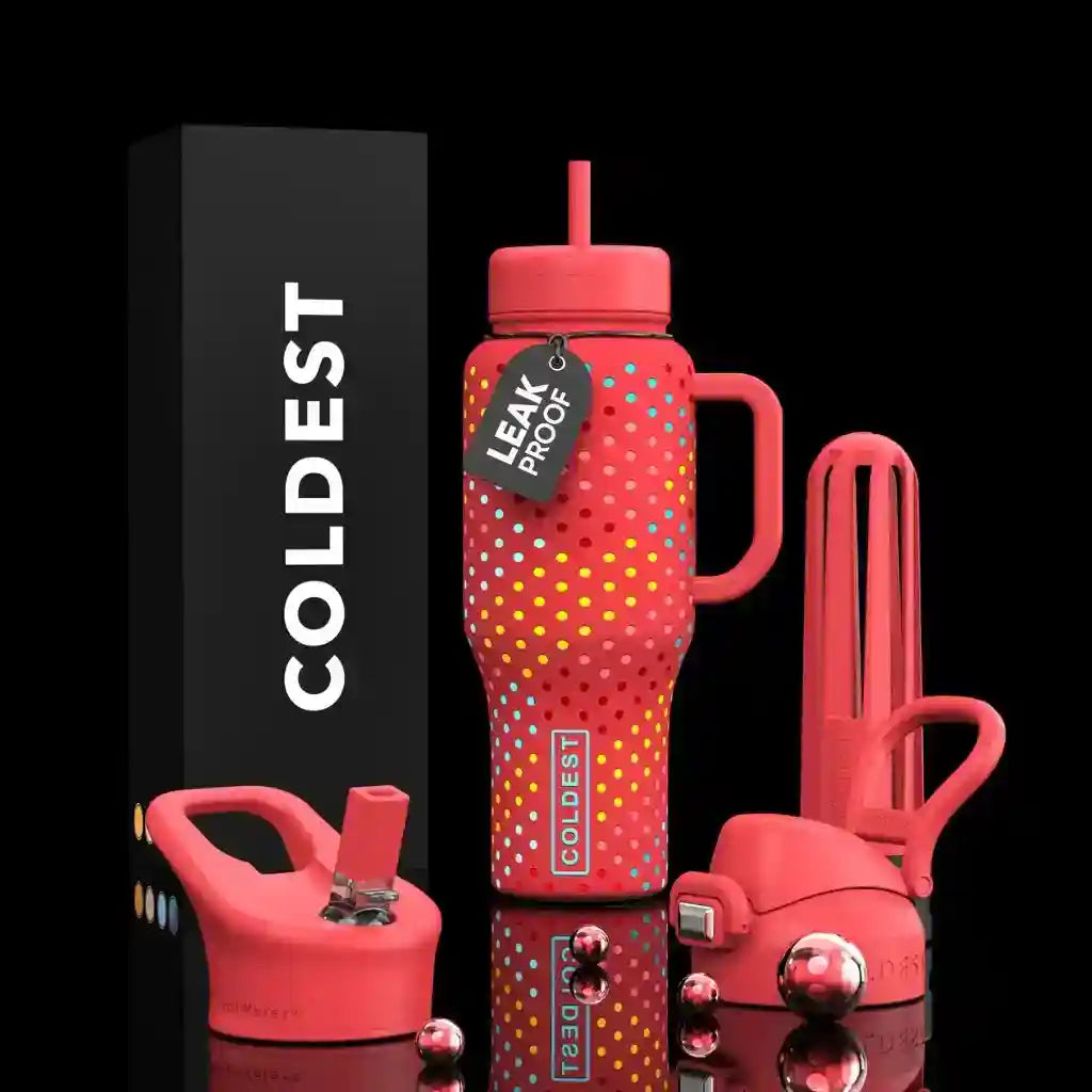 36oz insulated water bottle with handle and straw, pink dotted graphic design