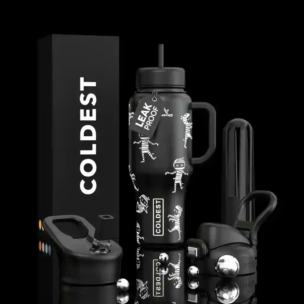 36oz insulated water bottle with matte black pattern, straw lid, and carrying handle