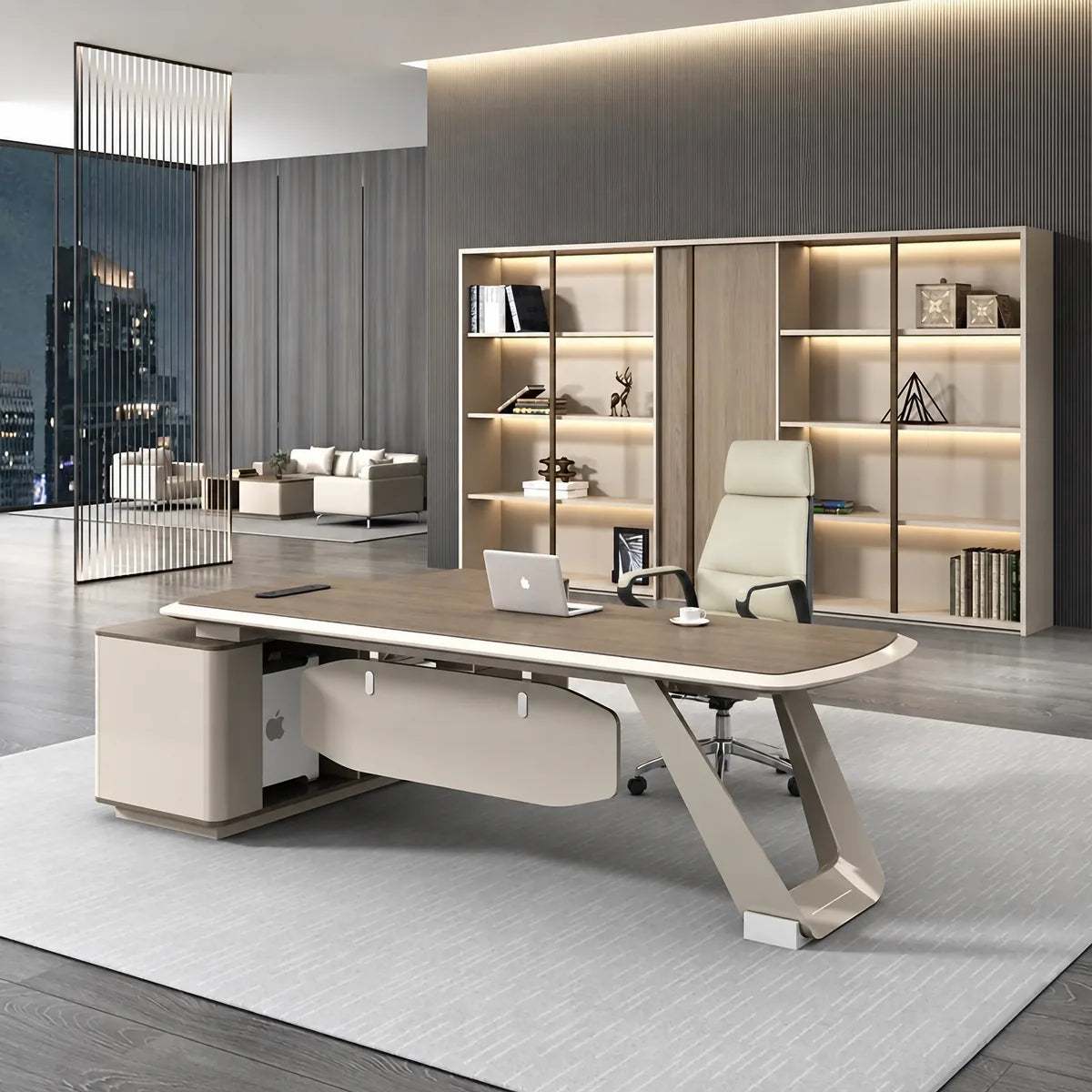 Modern L-shaped desk with walnut-tone top, light drawers, and desk corner with tablet slot