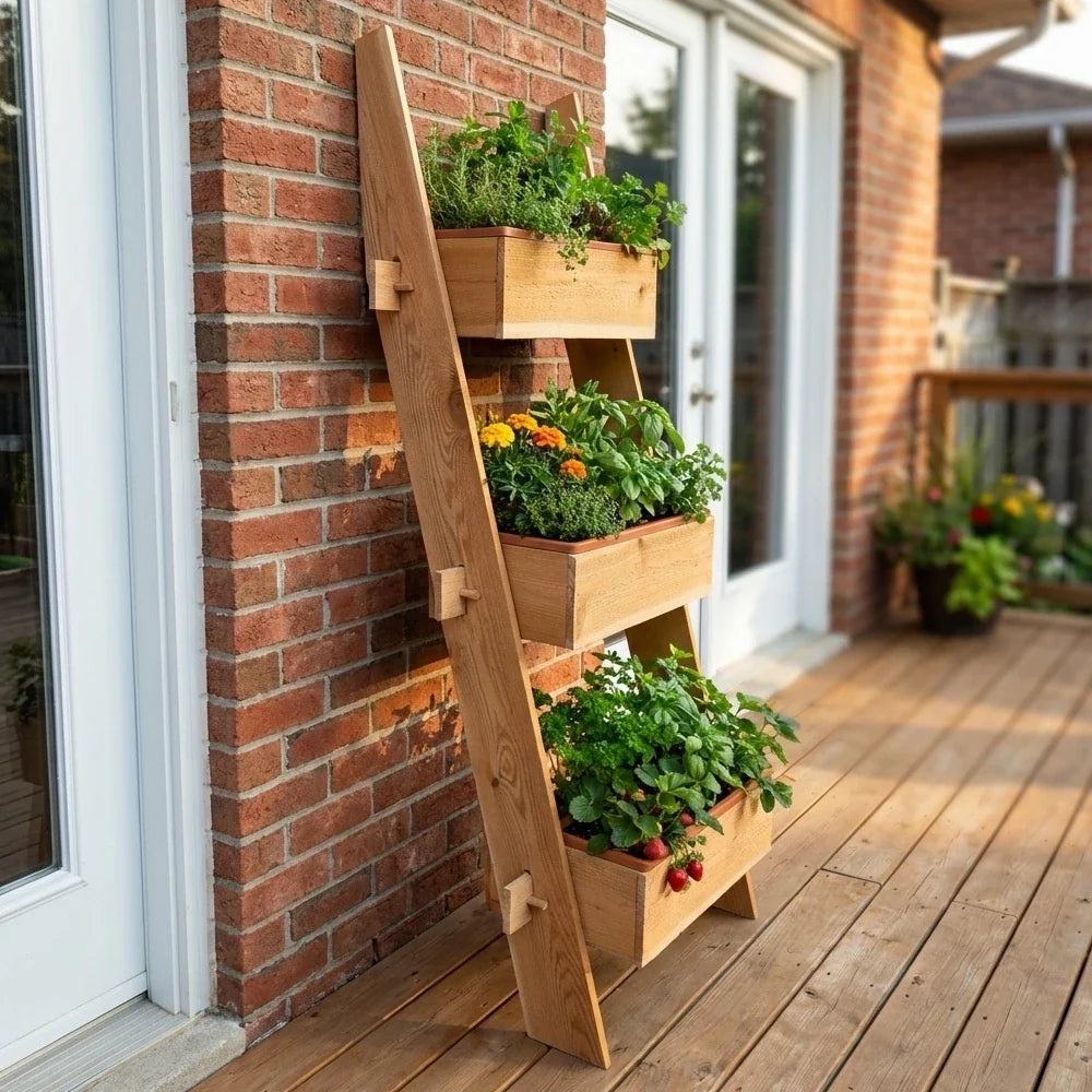 3-tier vertical cedar standing planter box with three wooden planting troughs