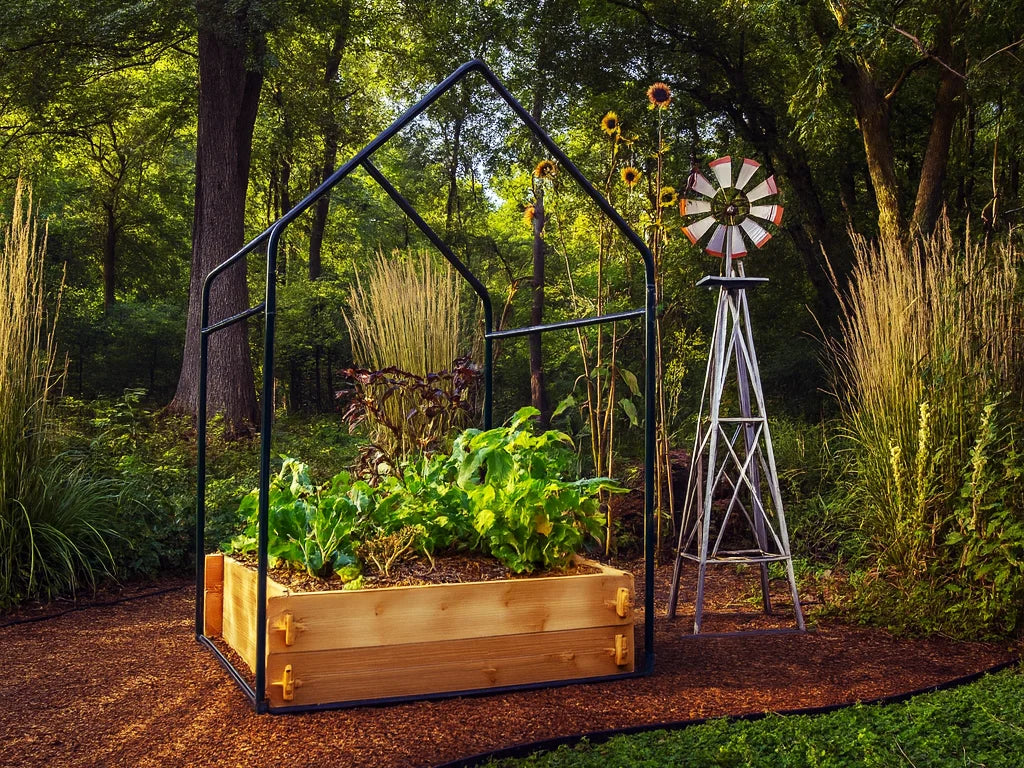 Raised garden bed greenhouse with clear plastic cover and green frame in outdoor garden