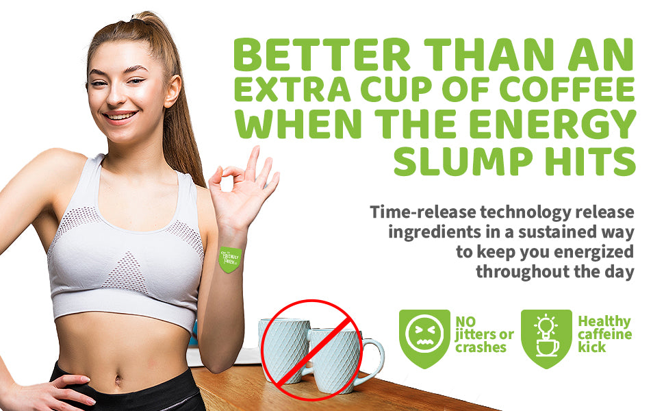Green energy patch on woman’s upper arm