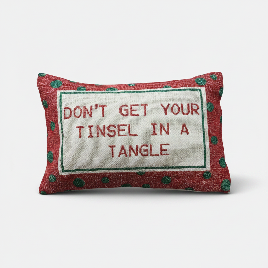Red cotton lumbar pillow with green polka dots and centered 'DON'T GET YOUR TINSEL IN A TANGLE' text