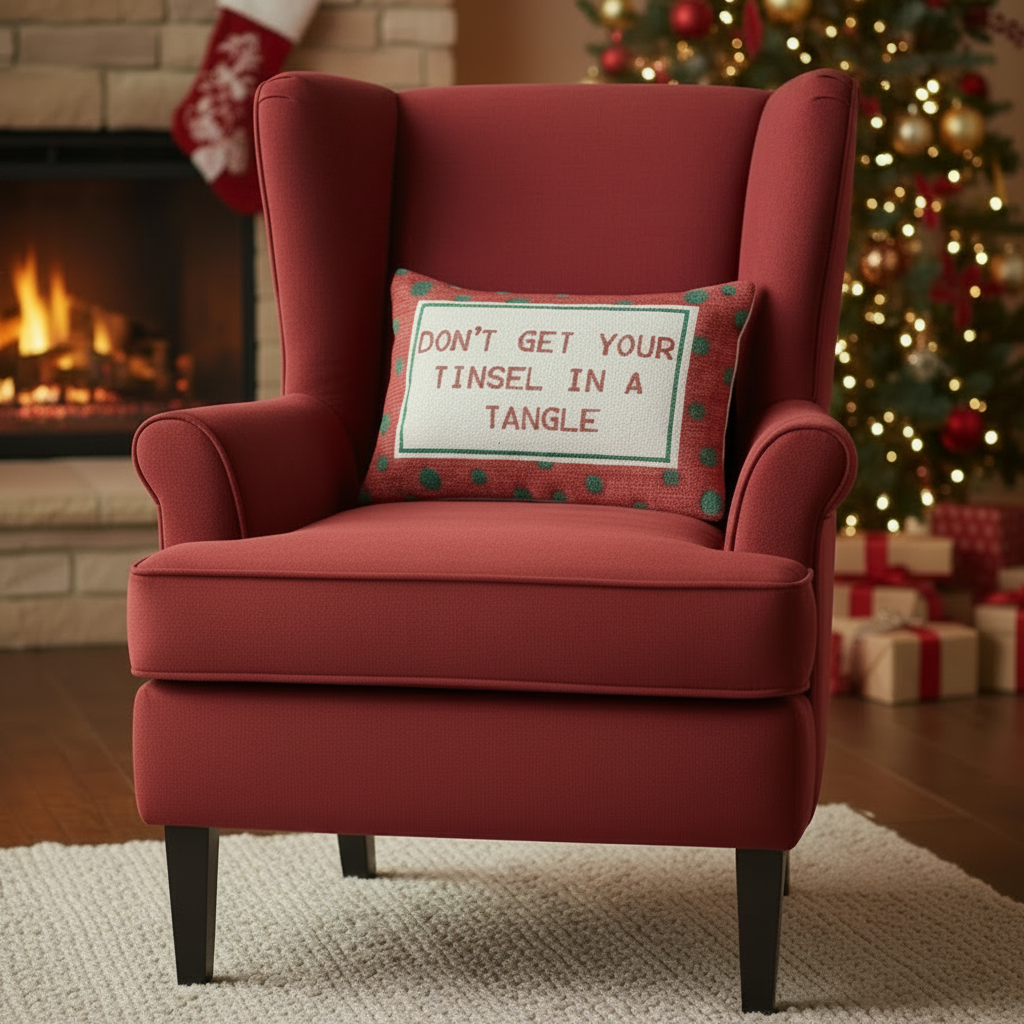 Red cotton lumbar pillow with green polka dots and 'DON'T GET YOUR TINSEL IN A TANGLE' quote on chair