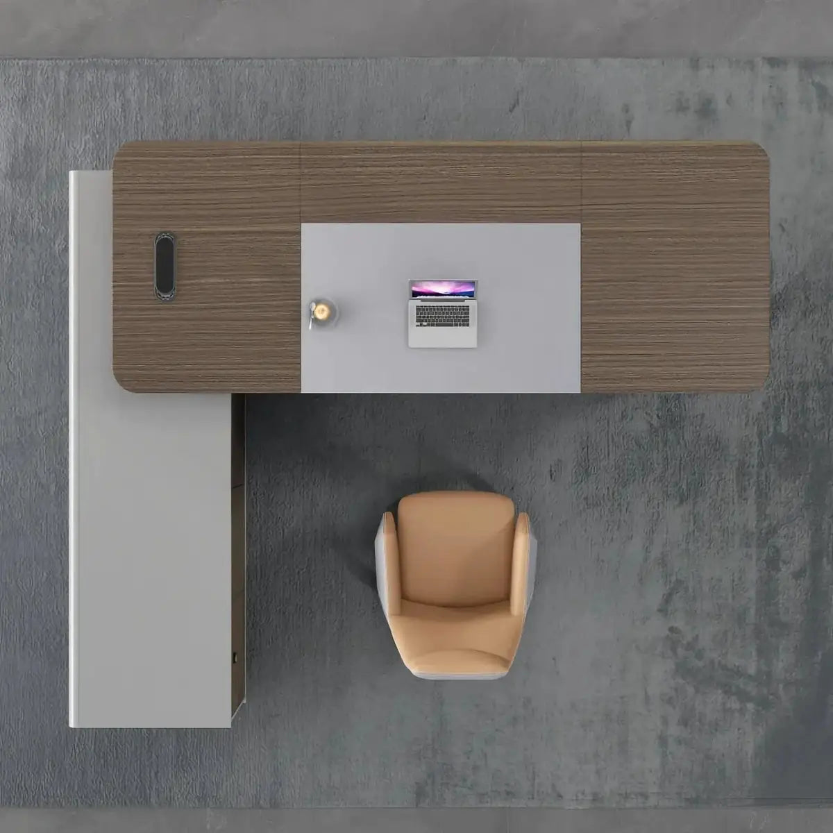 Overhead view of L-shaped desk with ironwood top, grey base, and wall-mount panel.
