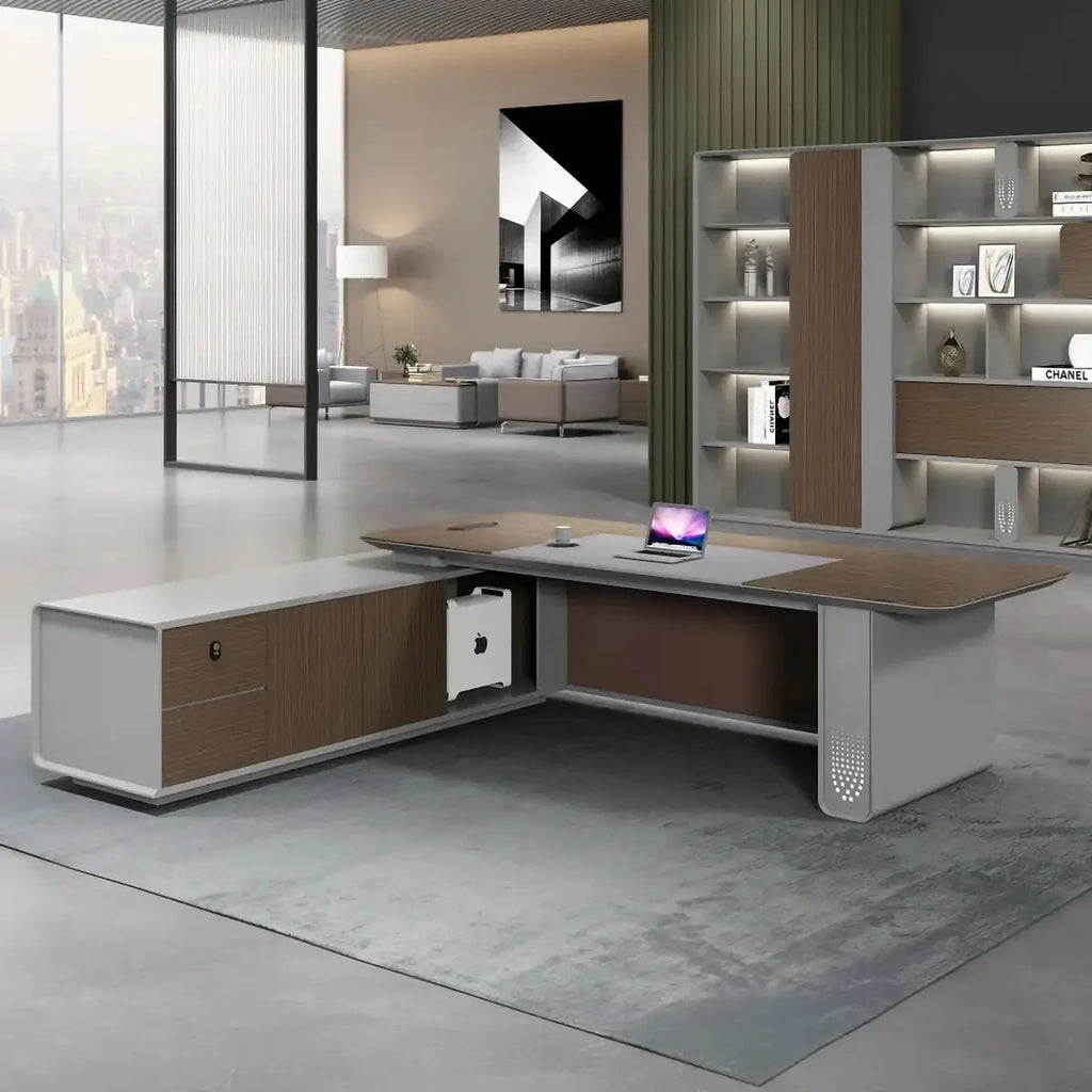 L-shaped corner office desk with ironwood panel, grey cabinets, and built-in utility door.