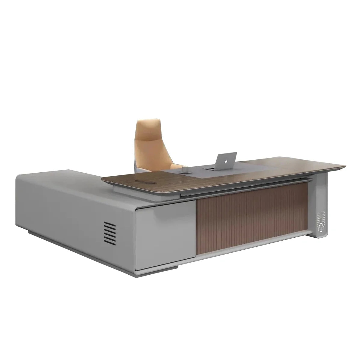 Modern L-shaped desk with ironwood top, grey base, and side cabinet doors.
