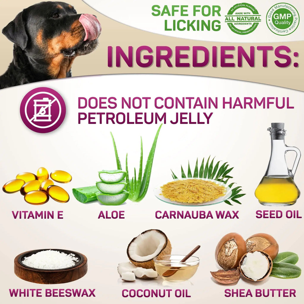 Dog paw pad and nose balm ingredients panel with aloe, vitamin E, wax and oils.