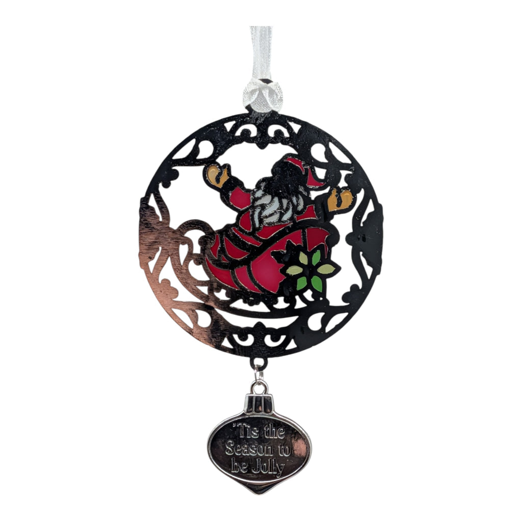 Santa-themed Christmas ornament with black, red, and green holly graphics, hanging heart tag