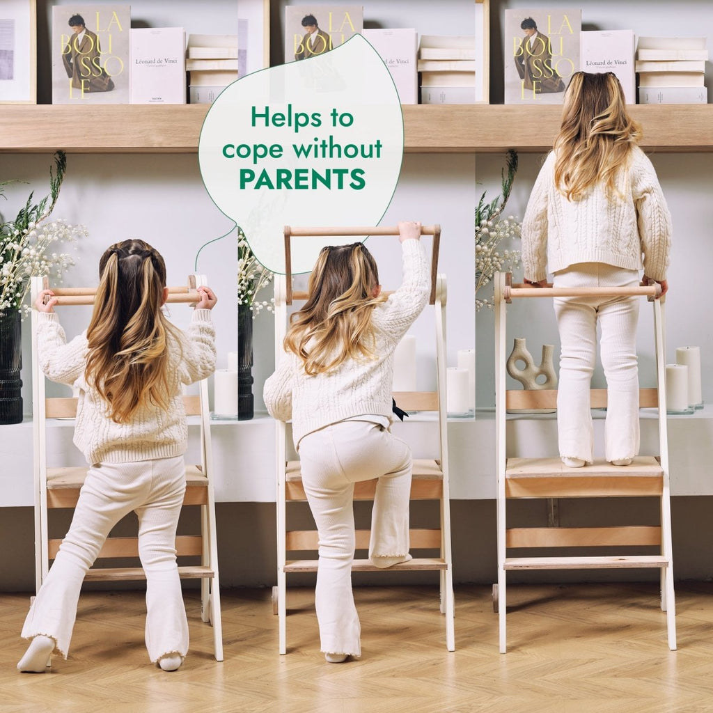 Kids step stool with light wood ladder-style sides and 2 landing steps in a kitchen