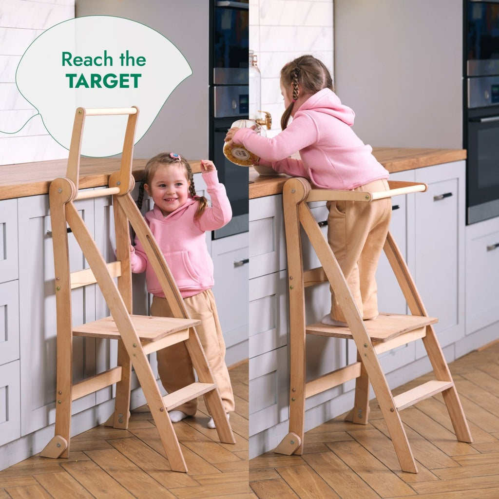 Kids foldable step stool with light wood steps and handrails, child reaching at counter