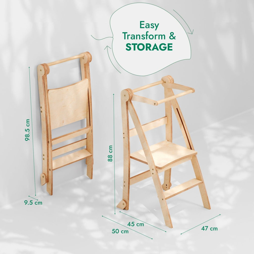 Light wood foldable step stool with 3 steps and side rails, shown folded and opened