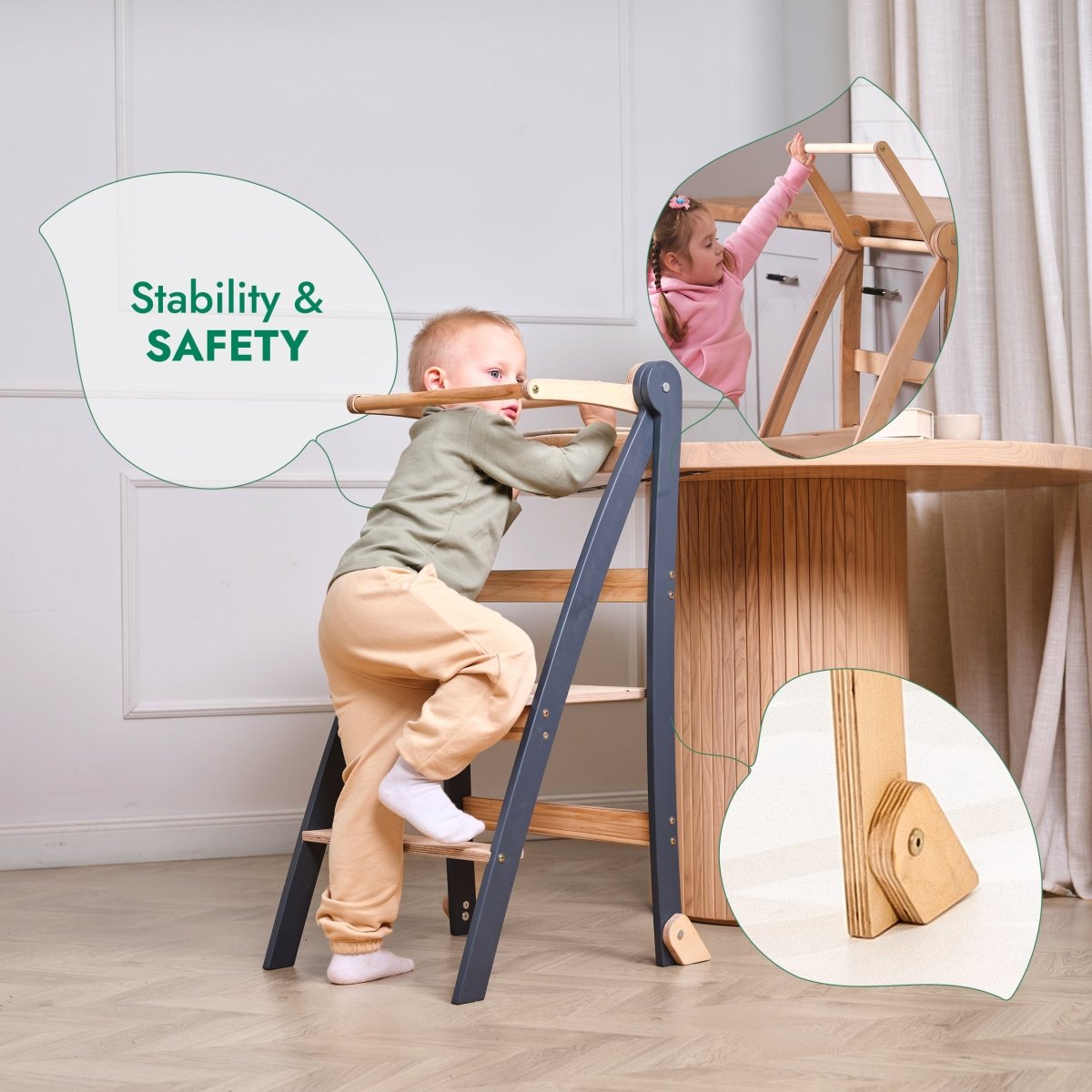 Kids step stool for indoor use with dark blue frame, child climbing beside counter