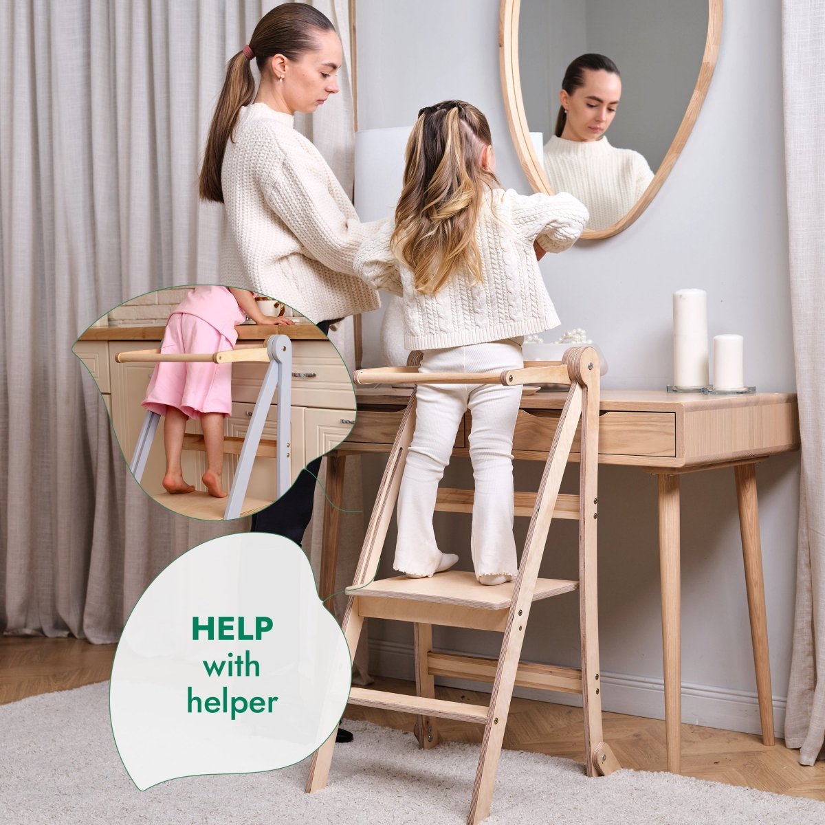 Kids foldable step stool with light wood steps and safety rails, child standing on top