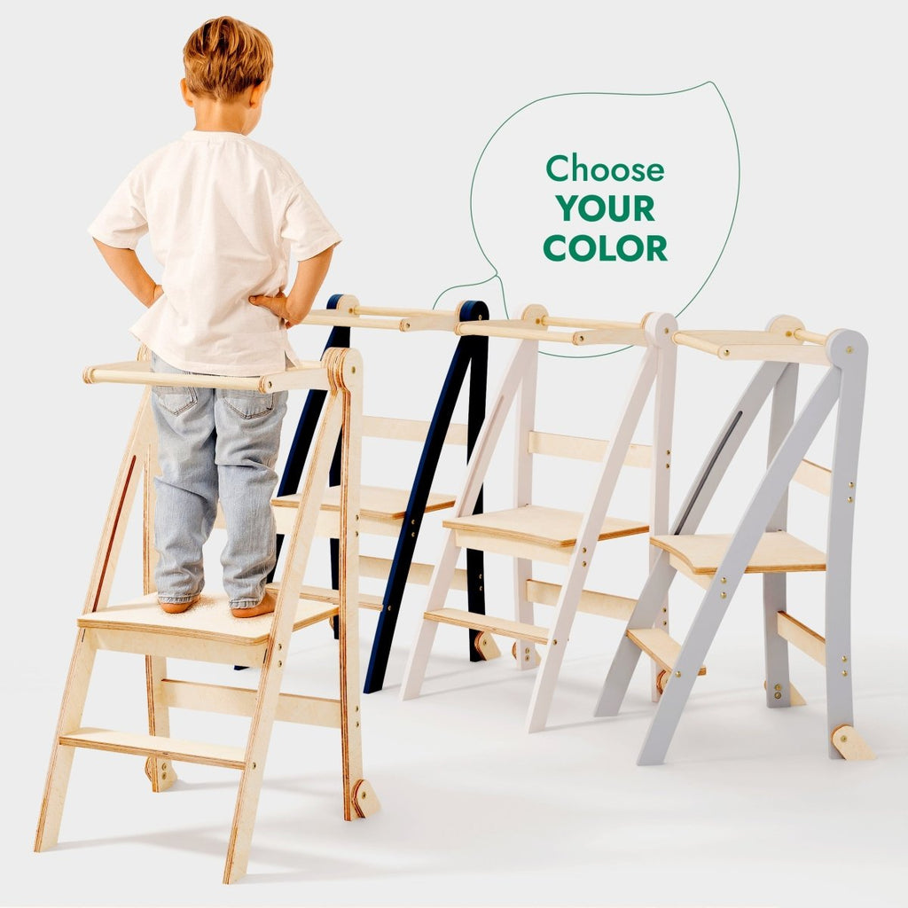 Foldable kids step stools in multiple colors, wooden steps and safety rails