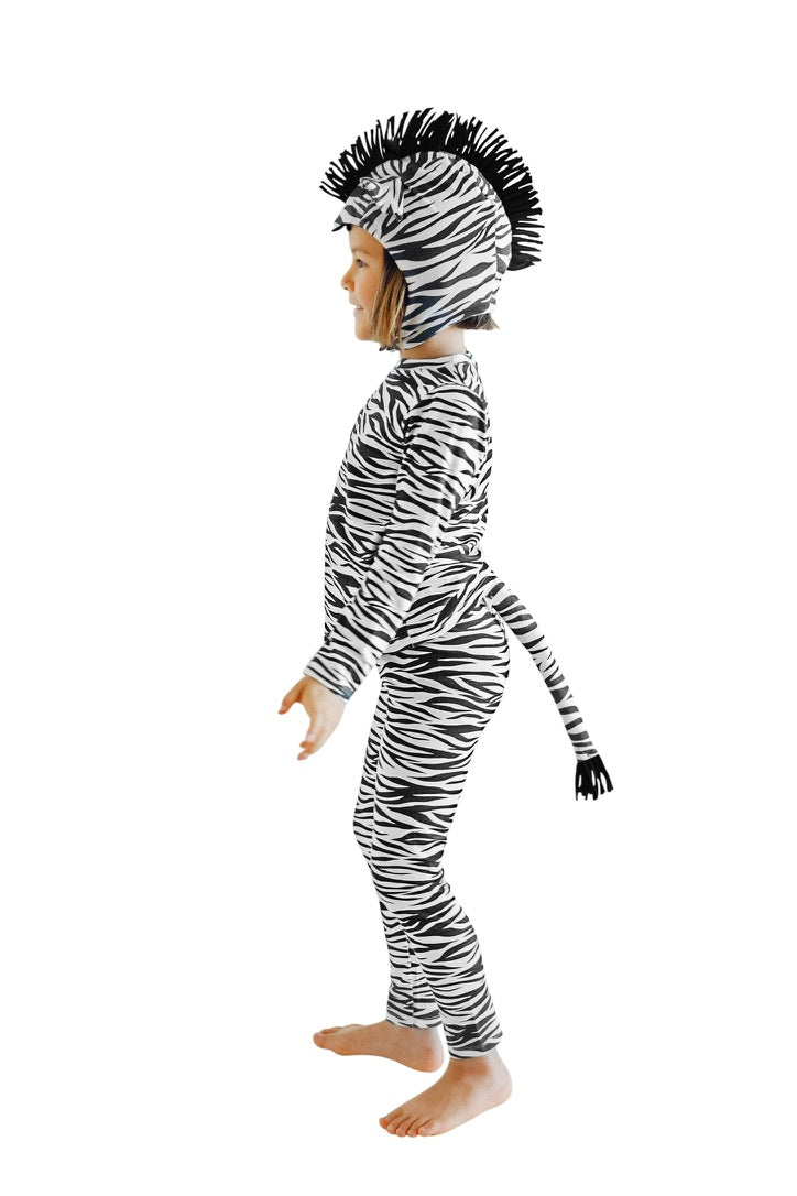 Zebra-print hooded footed jumpsuit for baby with long sleeves and pom-pom hood