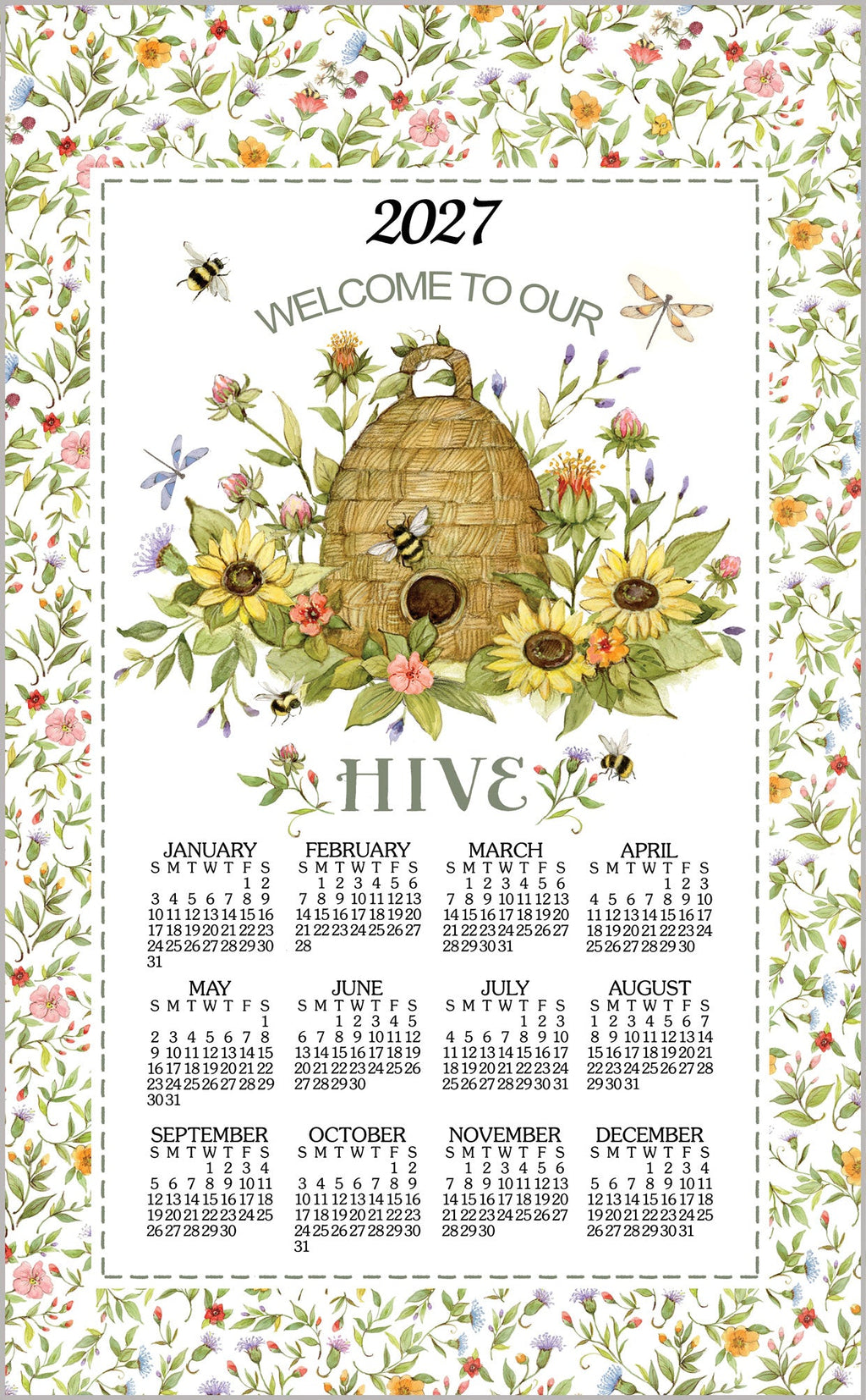 Linen calendar towel with 2027 bee and hive floral print, full-month grid