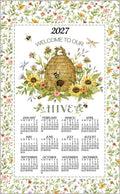 Linen calendar towel with 2027 bee and hive floral print, full-month grid