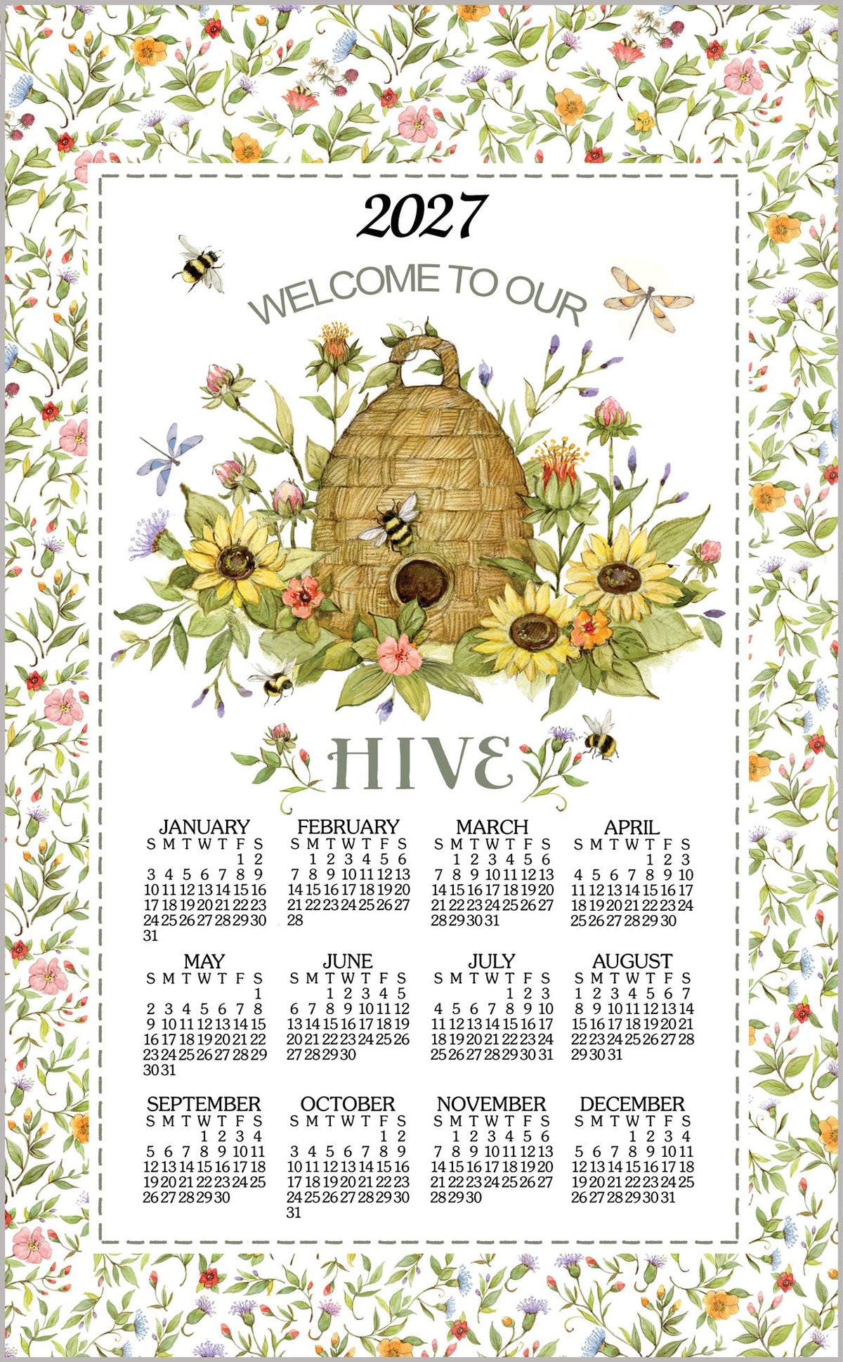 Linen calendar towel with 2027 bee and hive floral print, full-month grid
