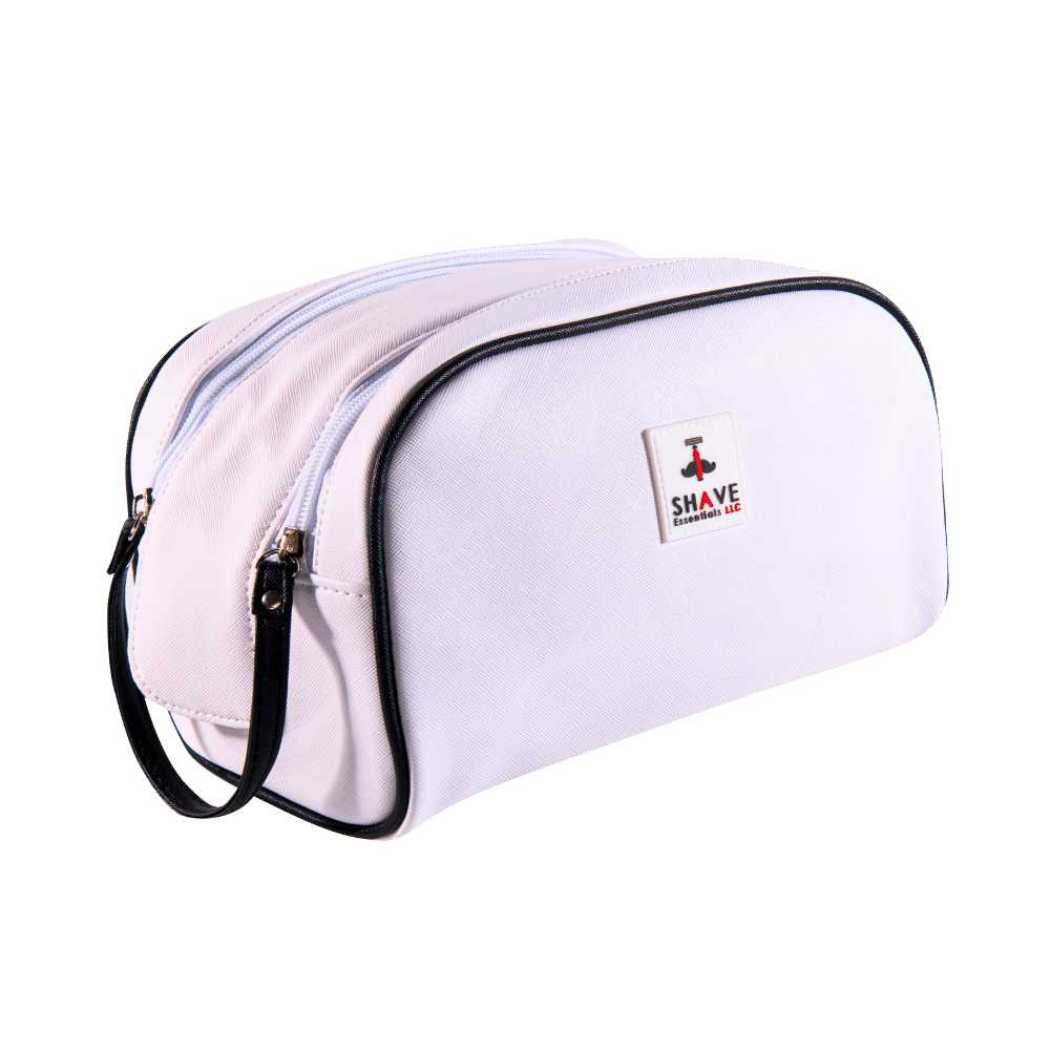 Light pink zip toiletry bag with black zipper and T SHAVE logo patch