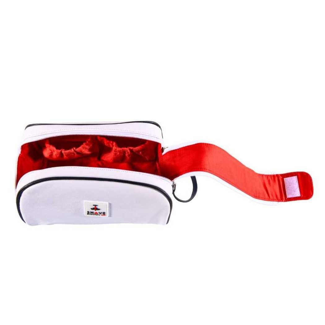 Red and white zip toiletry pouch with wrist strap