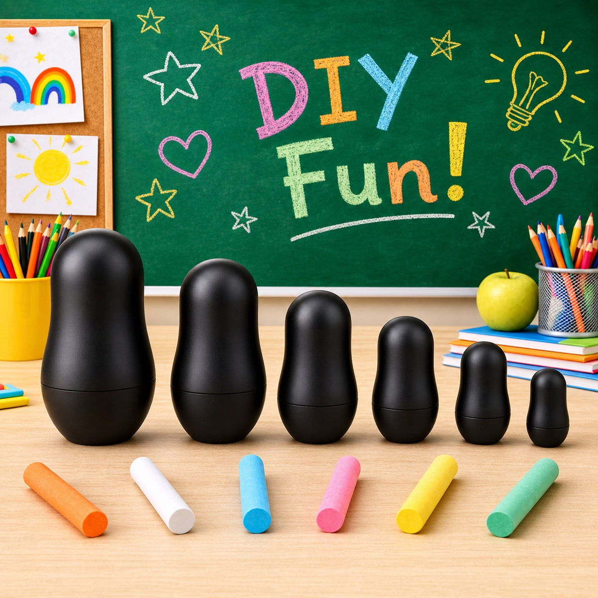 Six black nesting dolls and six colored chalk sticks arranged for drawing