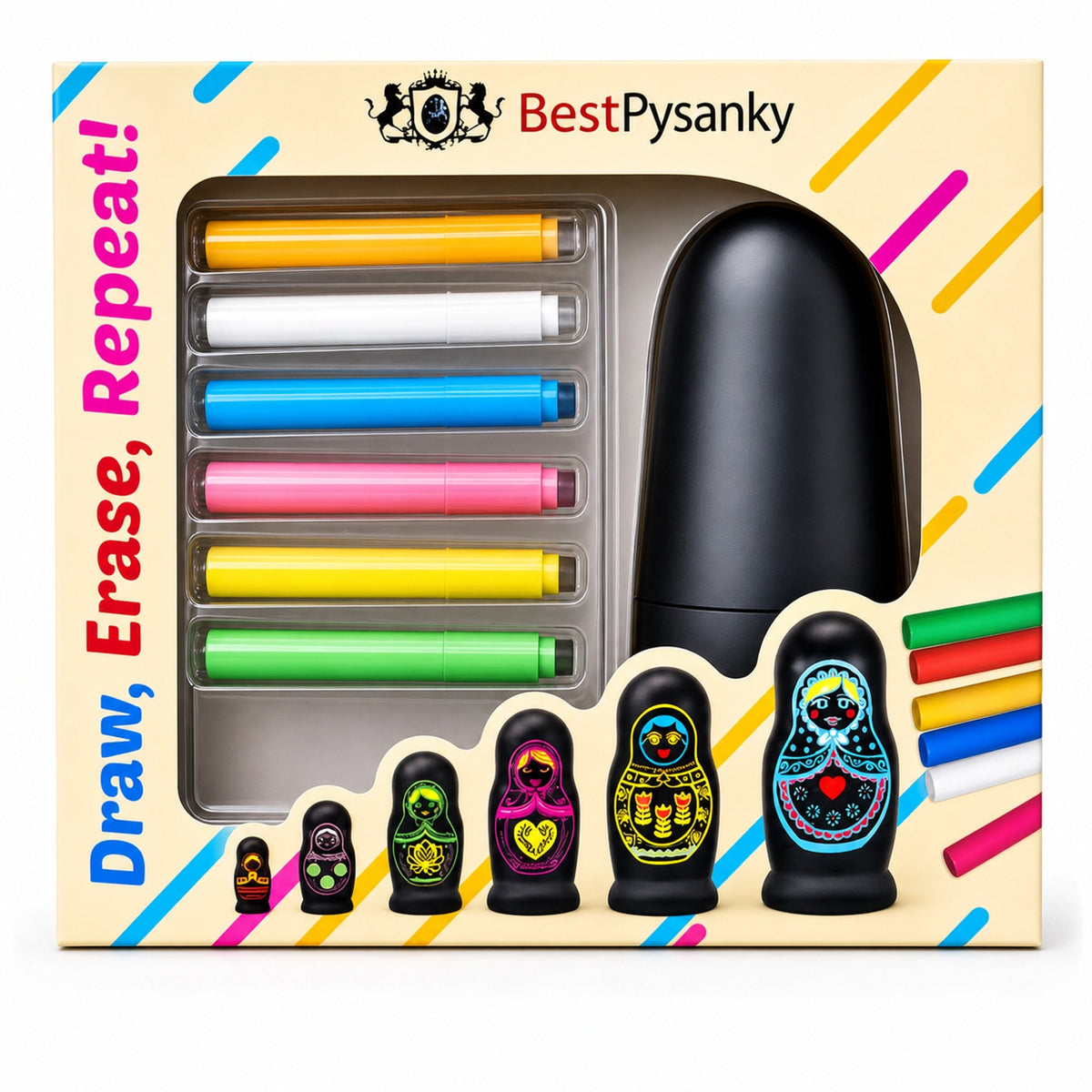 Gift box of black nesting dolls and six colored chalk sticks