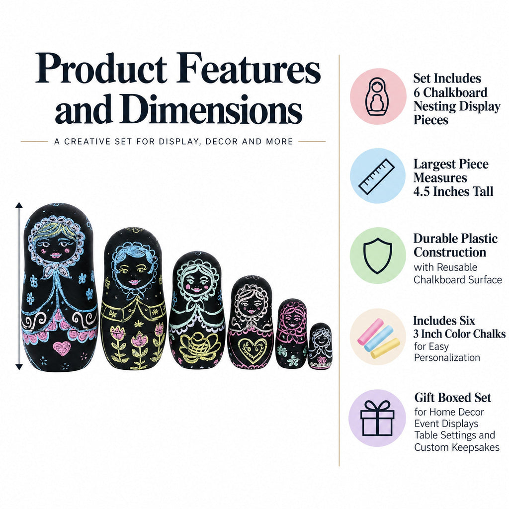 Chalkboard nesting doll set with illustrated dolls and product dimensions