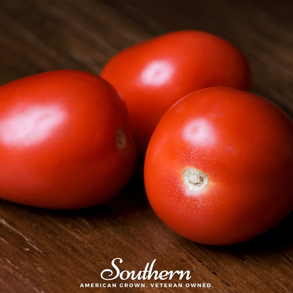 Red Roma tomatoes on wood with one stem visible