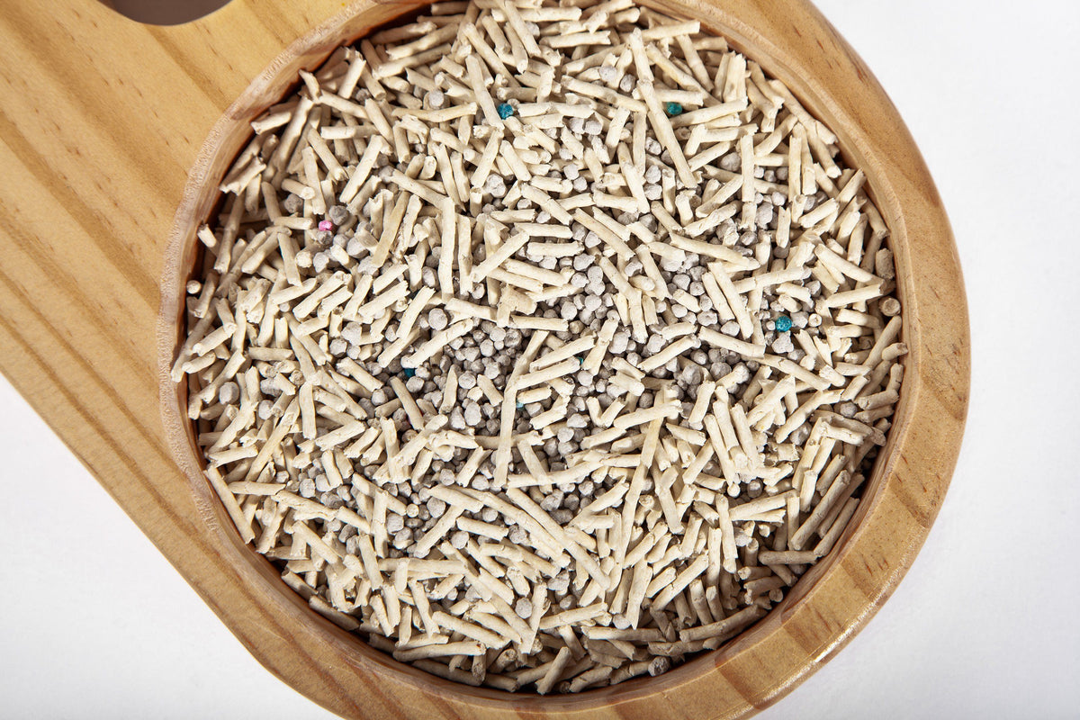 Pale pellet cat litter with colored granules in a wooden scoop
