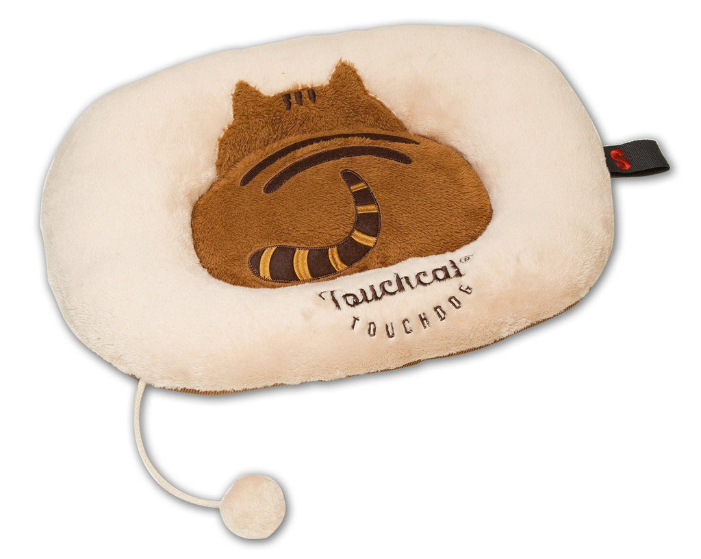 Touchcat plush cat bed mat in cream with brown cat face embroidery and a pom-pom cord.