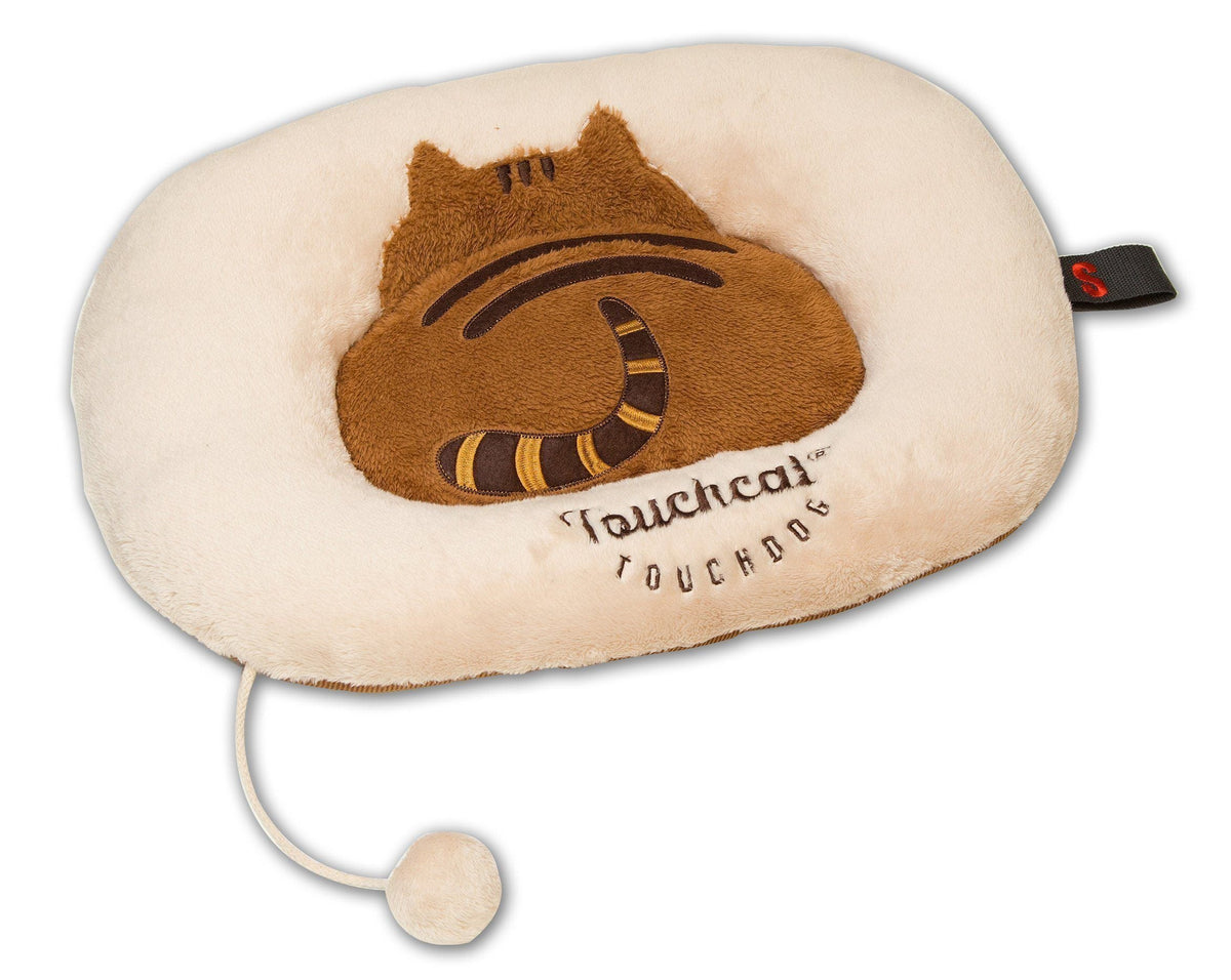 Touchcat plush cat bed mat in cream with brown cat face embroidery and a pom-pom cord.
