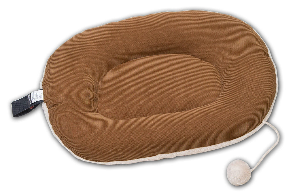 Touchcat cat bed mat in brown plush, with a raised oval center and pom-pom cord.