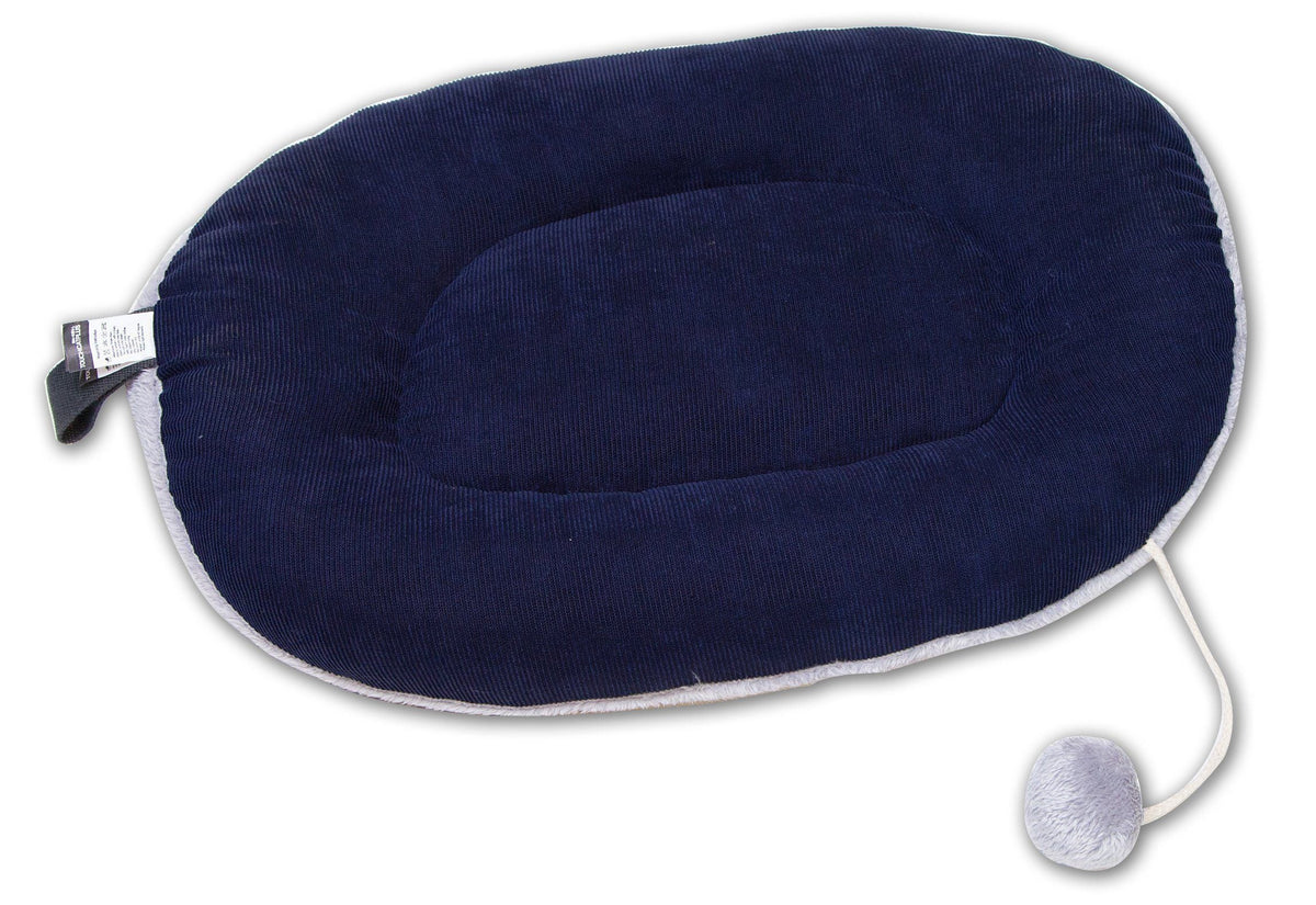 Touchcat cat bed mat in dark navy plush, with a raised oval center and pom-pom cord.