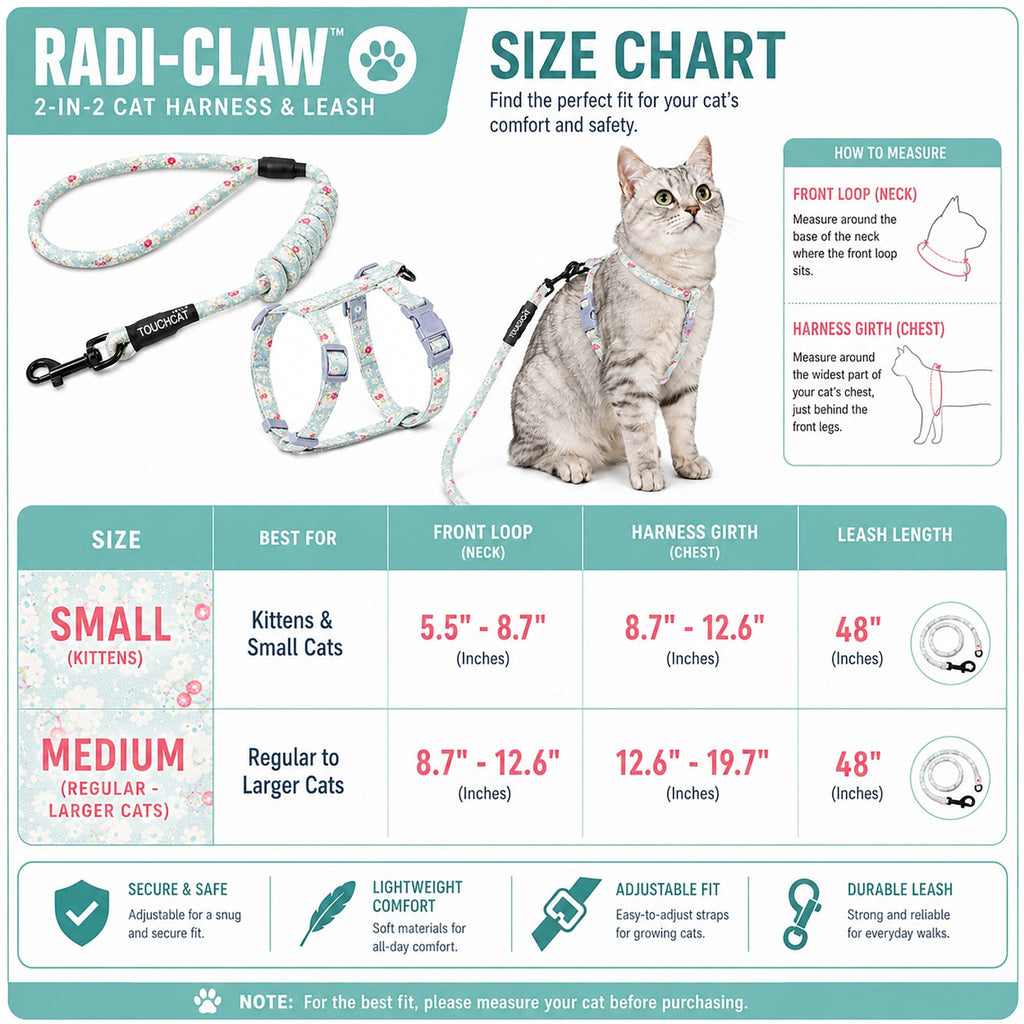 Light blue floral cat harness and leash size chart with fit measurements.