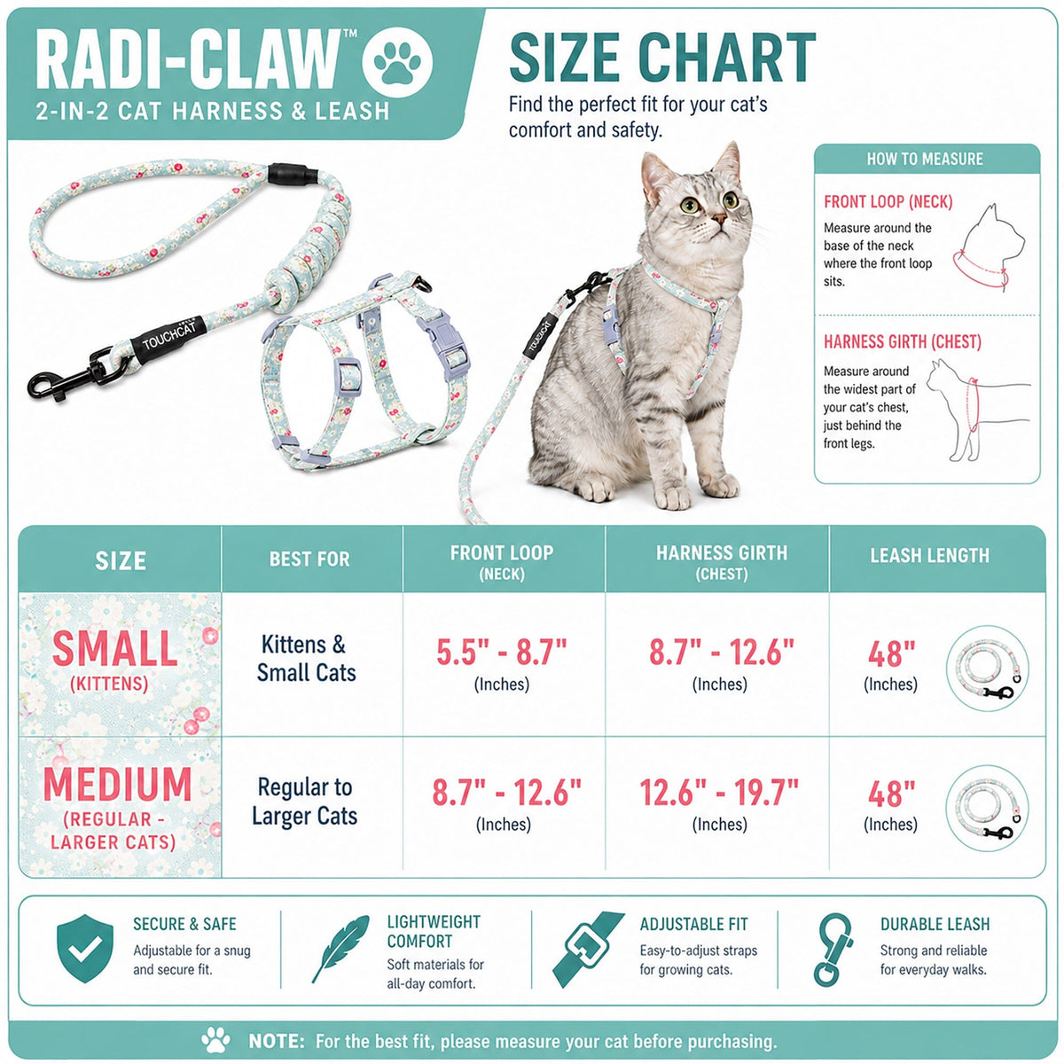 Light blue floral cat harness and leash size chart with fit measurements.