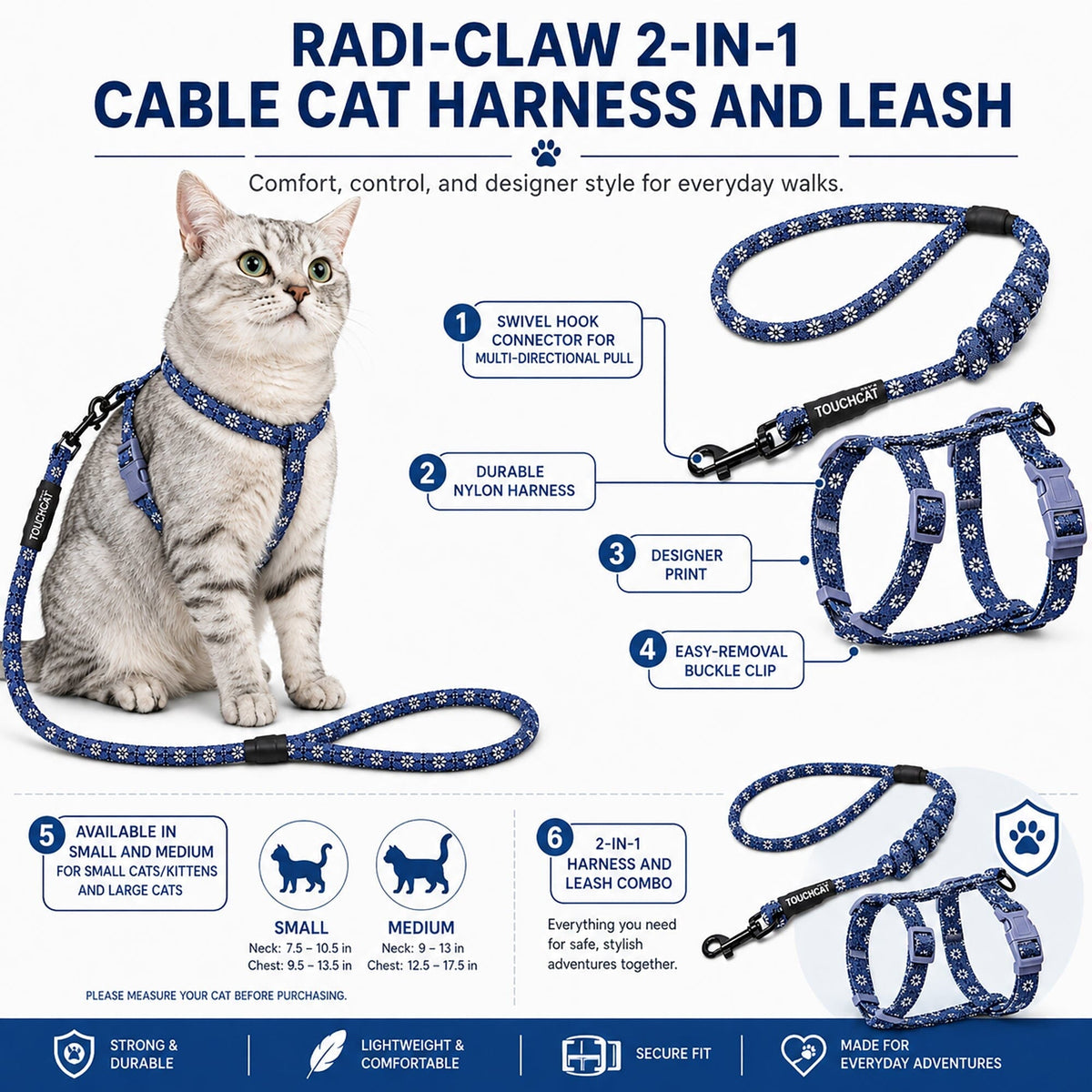 Dark blue cat harness and leash set with white paw print pattern and adjustable straps.
