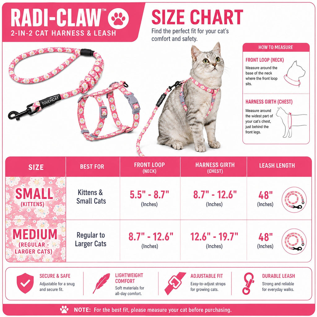 Pink floral cat harness and leash size chart with fit measurements.