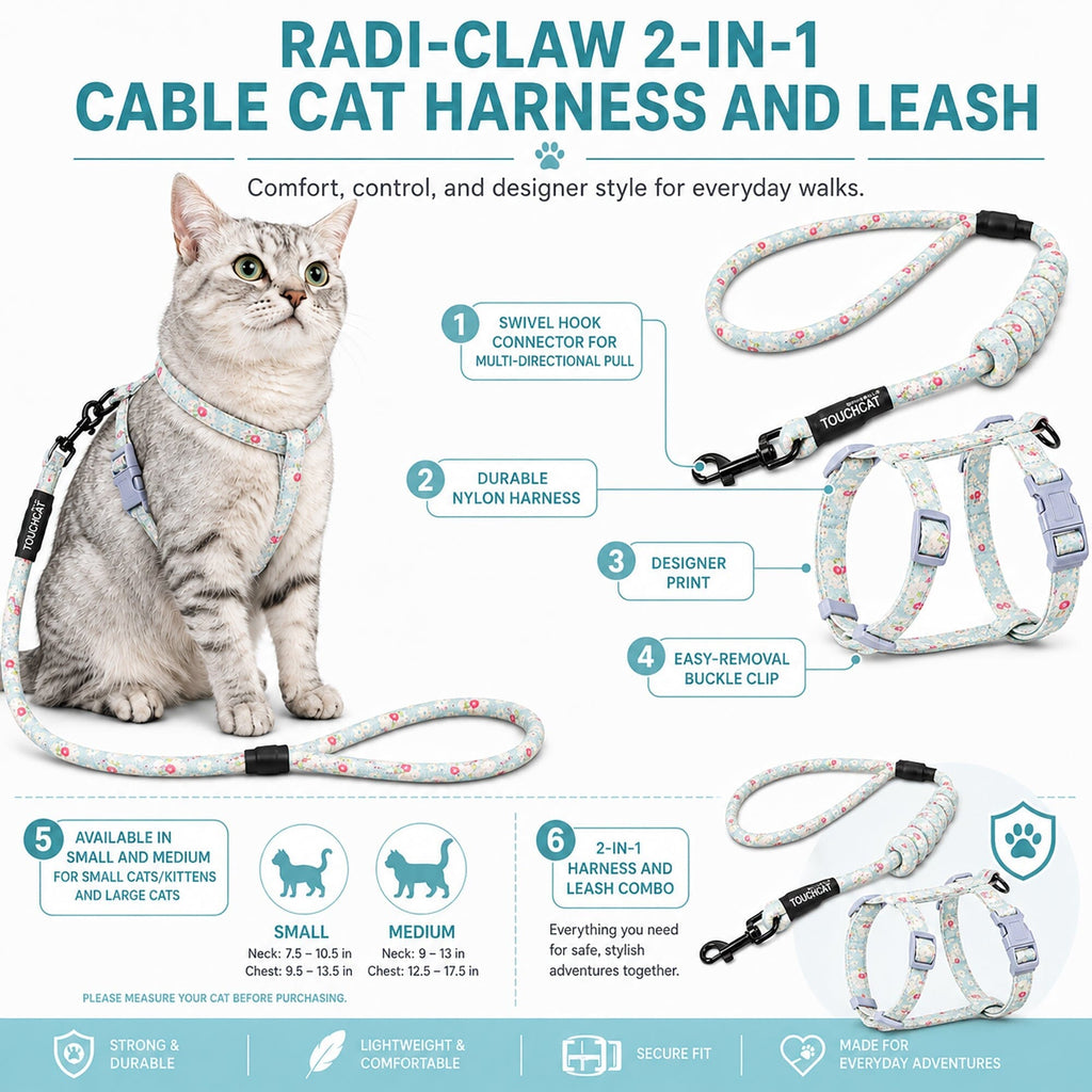 Light blue floral cat harness and leash set shown with a cat wearing the harness.