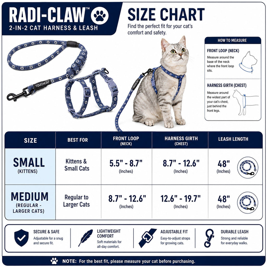 Touchcat Radi-Claw harness and leash size chart with fit measurements and product views