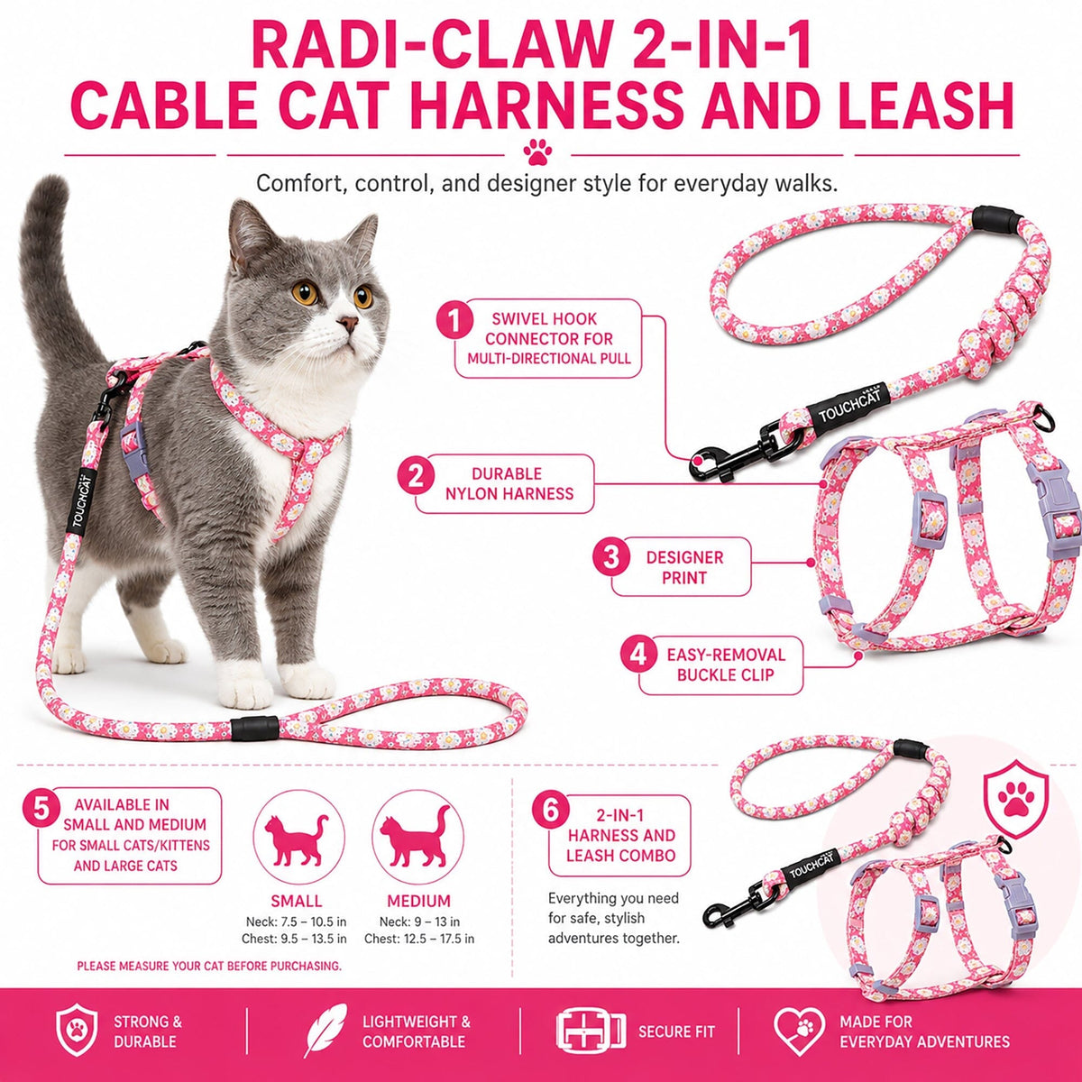 Pink floral cat harness and leash set shown with a cat wearing the harness.