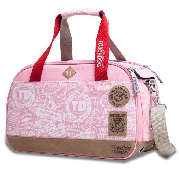 Touchdog pink airline pet carrier with printed panels, zip top, handles and shoulder strap