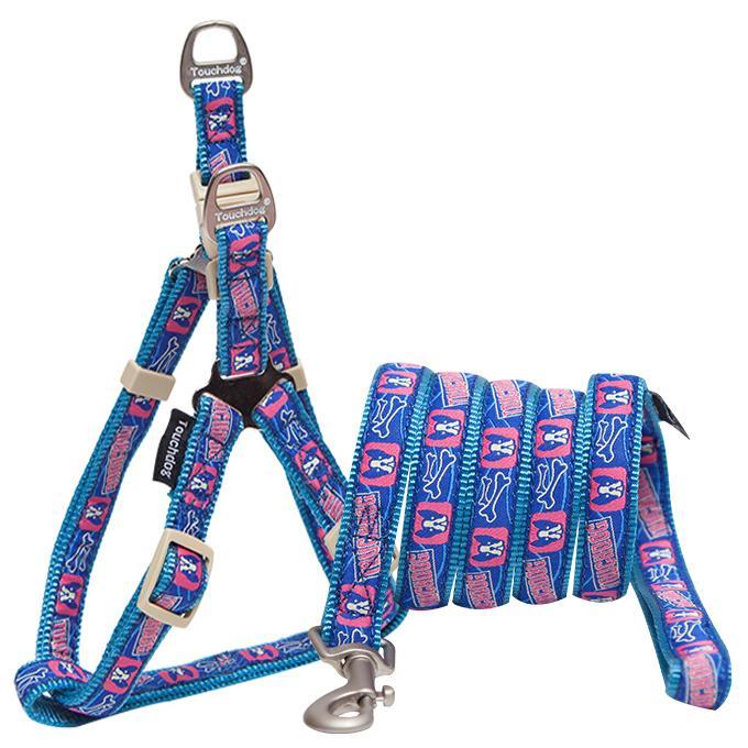Touchdog blue dog harness and leash set with bone pattern and metal clips